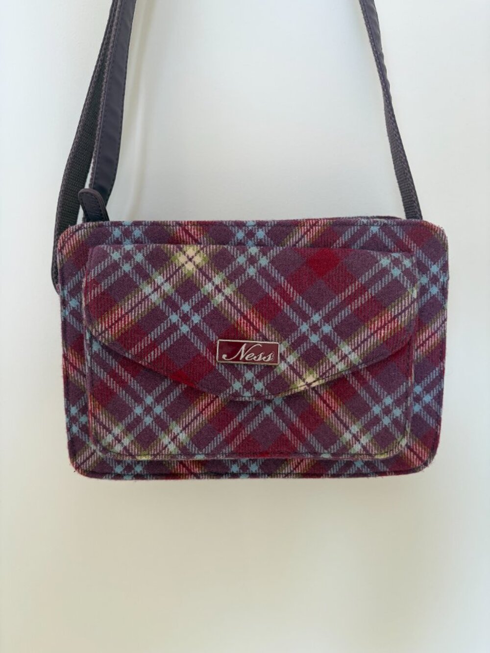 Ness purple wool plaid tartan bag purse shoulder crossbody